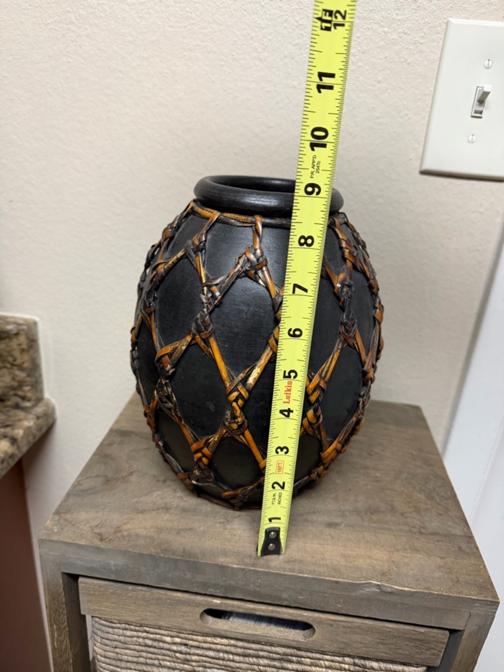 Black Ceramic Vase with Brown Woven Lattice - Picture 4 of 6